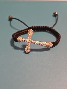 Rhinestone Cross Macrame Bracelet - Black Cord